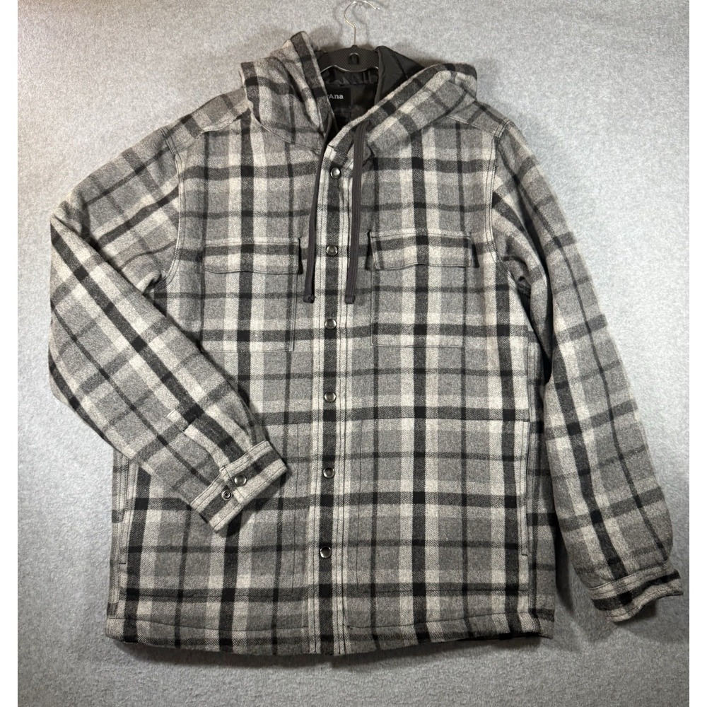 prAna Plaid Hooded Shirt Jacket Size L Gray Quilted Lined Wool Blend